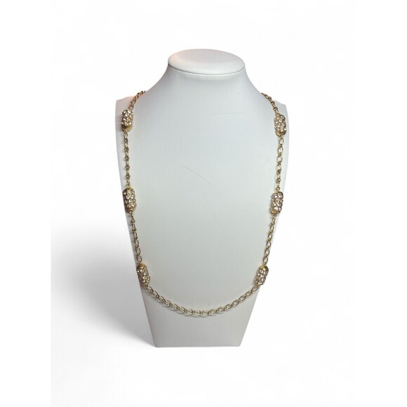 J Crew Gold Plated Chain Link Necklace with Pave Crystal Accents Accents Signed - Picture 1 of 4
